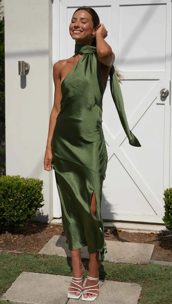 Olive Green Satin Midi Dress