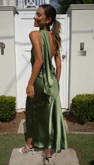 Olive Green Satin Midi Dress