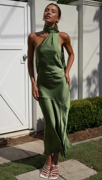 Olive Green Satin Midi Dress