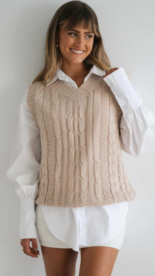 Beige Cable Knit Sweater Vest