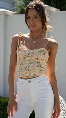 Yellow Floral Shoulder Tie Crop Top