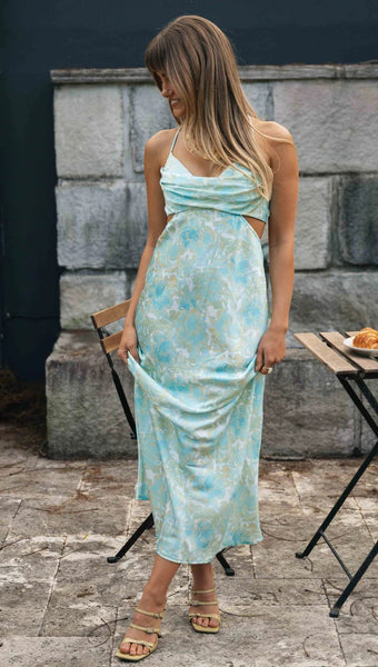 Aqua Satin Slip Midi Dress