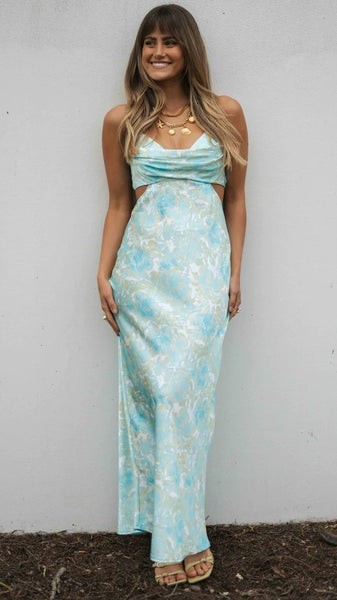 Aqua Satin Slip Midi Dress