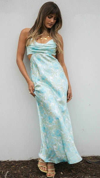 Aqua Satin Slip Midi Dress