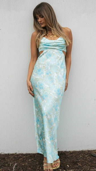 Aqua Satin Slip Midi Dress