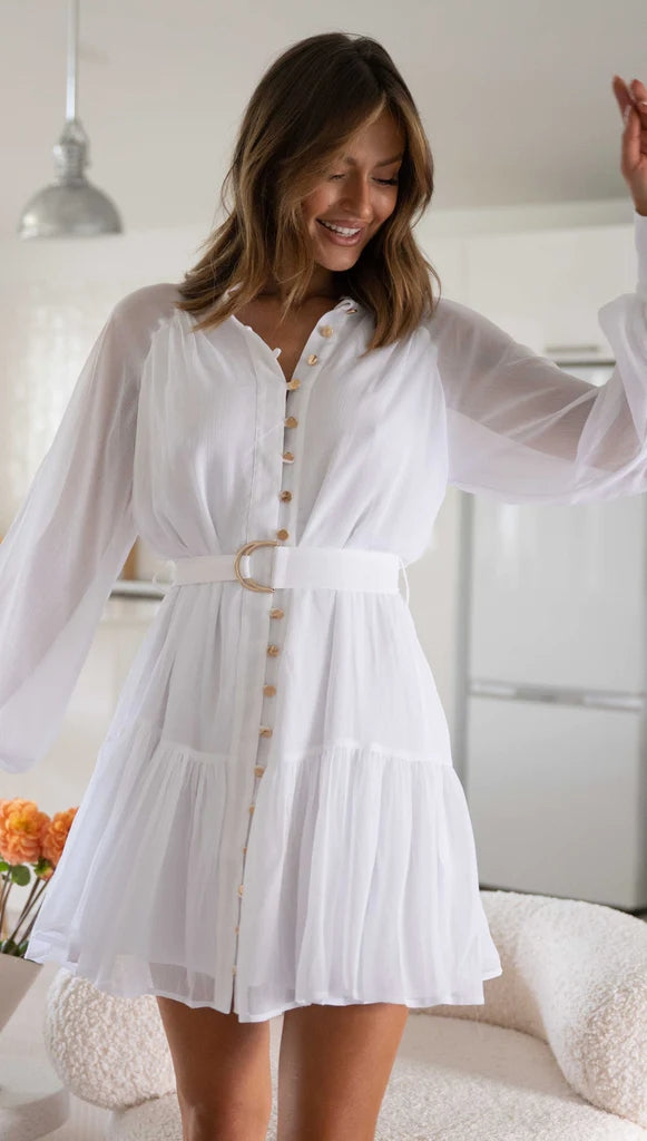White Long Sleeves Shirt Mini Dress