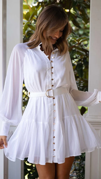 White Long Sleeves Shirt Mini Dress