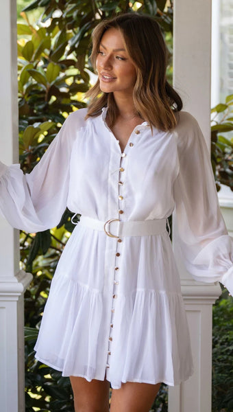 White Long Sleeves Shirt Mini Dress