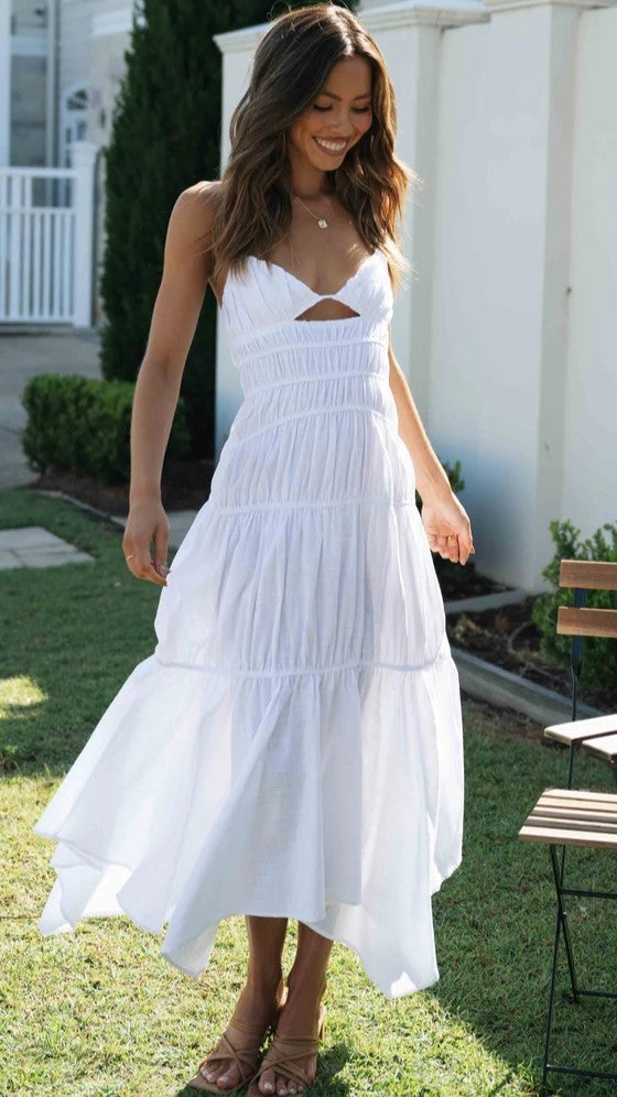 White Tiered Slip Midi Dress – Gabi Swimwear White Tiered Slip Midi Dress – Gabi Swimwear
