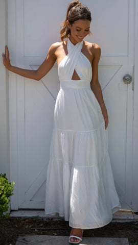 White Crossover Halter Maxi Dress