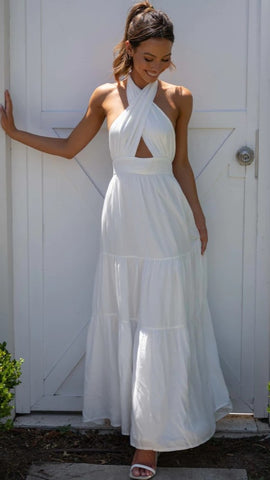 White Crossover Neck Midi Dress