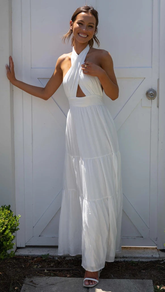 White Crossover Halter Maxi Dress Gabi Swimwear White Crossover Halter Maxi Dress Gabi Swimwear
