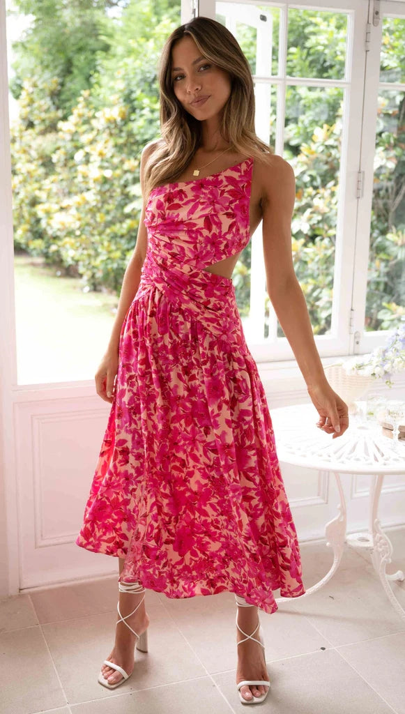 Raspberry Floral Slip Midi Dress