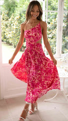 Raspberry Floral Slip Midi Dress