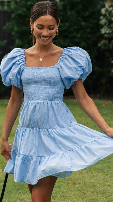 Blue Smocked Puff Sleeves Mini Dress – Gabi Swimwear