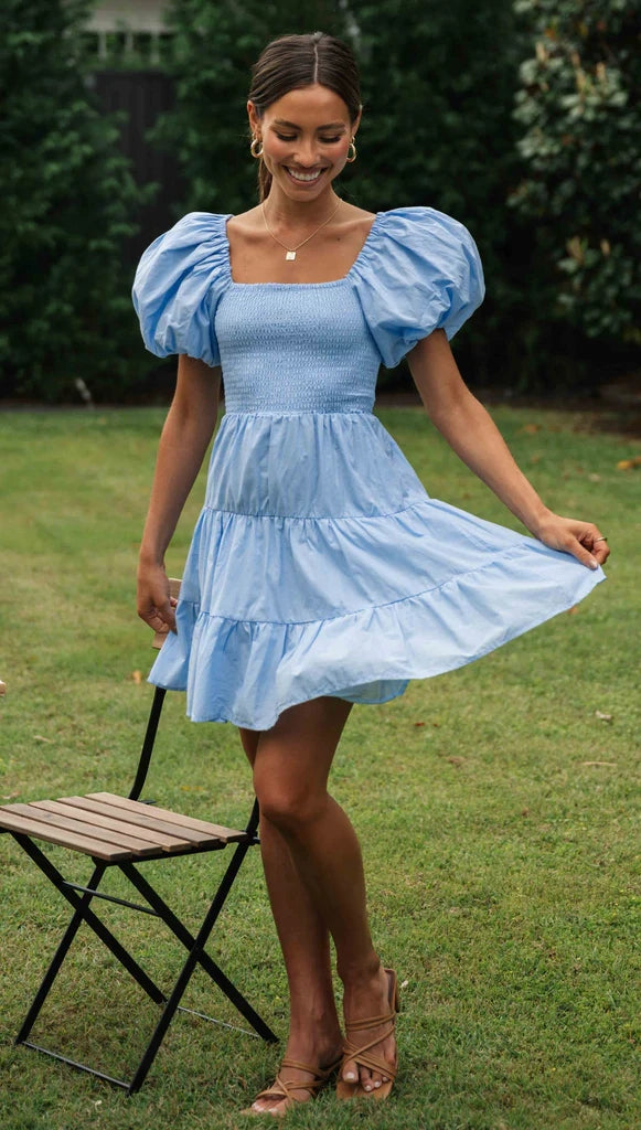 Blue Smocked Puff Sleeves Mini Dress Gabi Swimwear Blue Smocked Puff Sleeves Mini Dress Gabi Swimwear