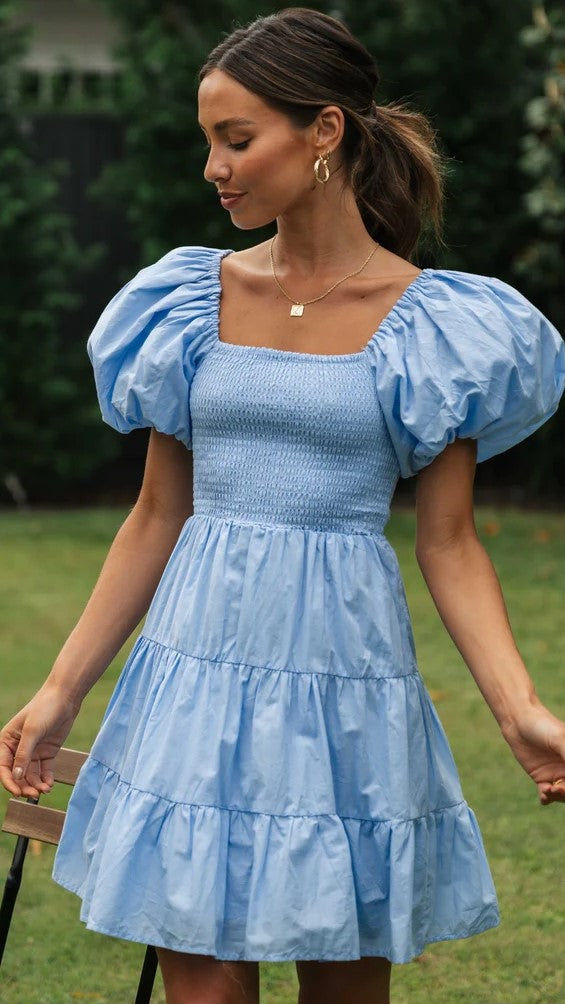 Blue Smocked Puff Sleeves Mini Dress Gabi Swimwear Blue Smocked Puff Sleeves Mini Dress Gabi Swimwear