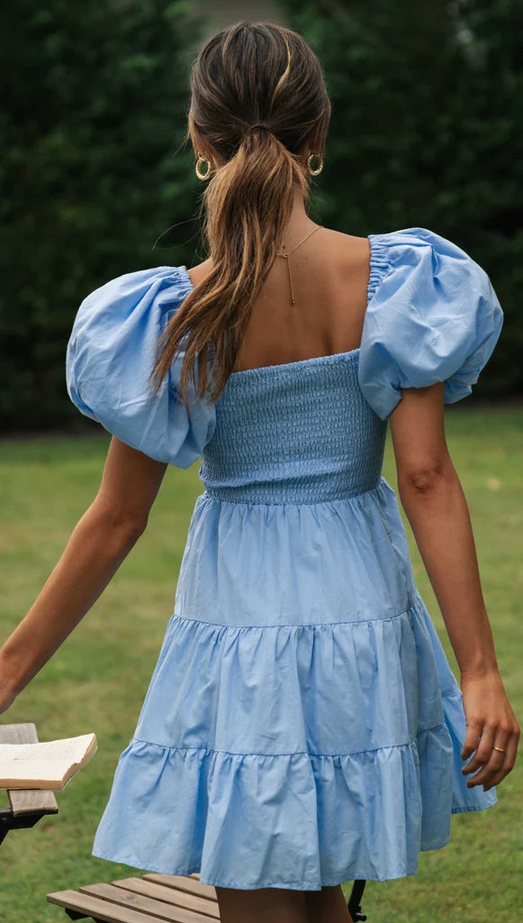 blue mini dress with puff sleeves Harleigh Blue Puff Sleeve Babydoll Mini Dress - Size M - Sweetheart Neckline, Tiered Ruffle Hem