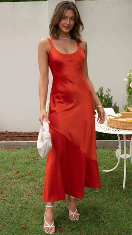 Orange Red Satin Midi Dress