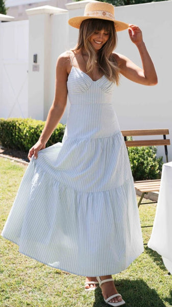 Blue Striped Plunging Maxi Dress