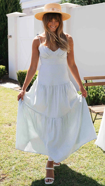 Blue Striped Plunging Maxi Dress