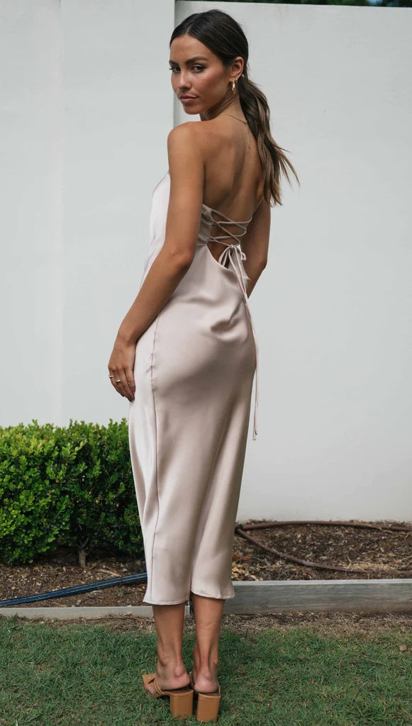 Beige Bandeau Satin Midi Dress Gabi Swimwear Beige Bandeau Satin Midi Dress Gabi Swimwear