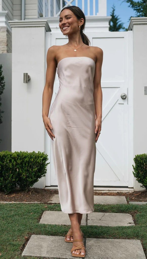 Beige Bandeau Satin Midi Dress Gabi Swimwear Beige Bandeau Satin Midi Dress Gabi Swimwear