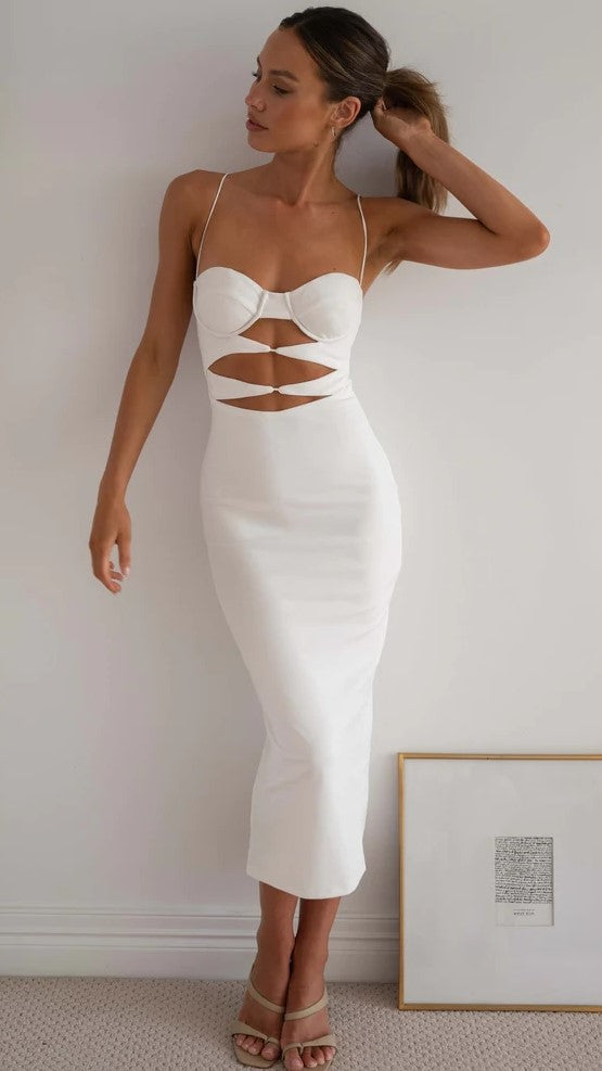 White Cutout Bodycon Midi Dress Gabi Swimwear White Cutout Bodycon Midi Dress Gabi Swimwear