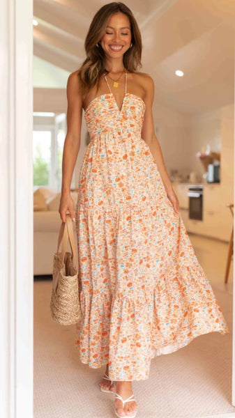 Orange Floral Halter Maxi Dress