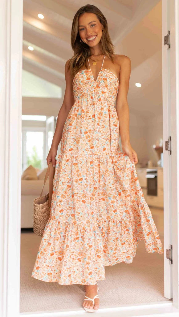 Orange Floral Halter Maxi Dress