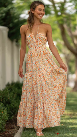 Orange Floral Halter Maxi Dress