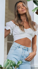 White Solid Back Knot Crop Top