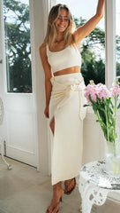 Beige Knit Crop Top and Skirt Sets