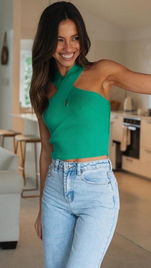 Green Knit Crossover Top