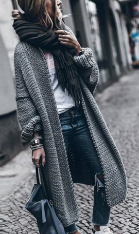 Gray Open Front Batwing Sleeve Chunky Longline Cardigan