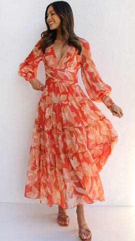 Orange Floral Long Sleeves Midi Dress