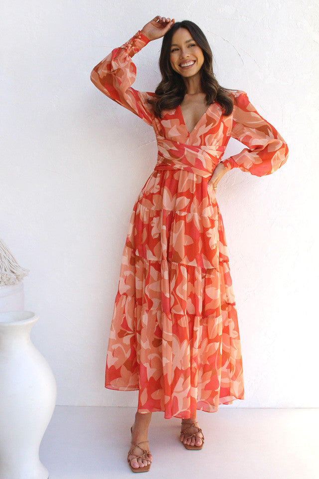 Orange Floral Long Sleeves Midi Dress Gabi Swimwear Orange Floral Long Sleeves Midi Dress Gabi Swimwear