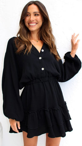 Black Solid Long Sleeves Dress