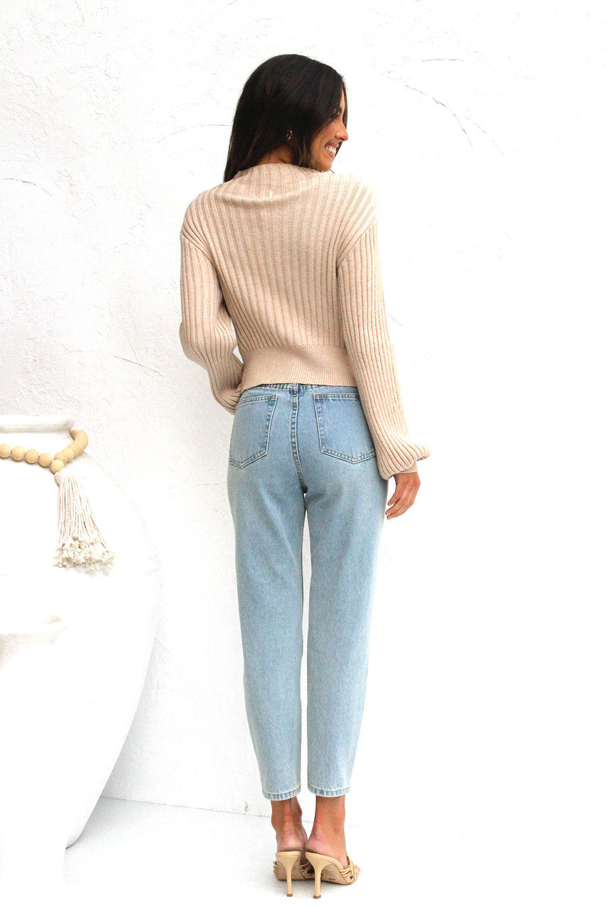 Beige Front Twist Ribbed Knit Sweater