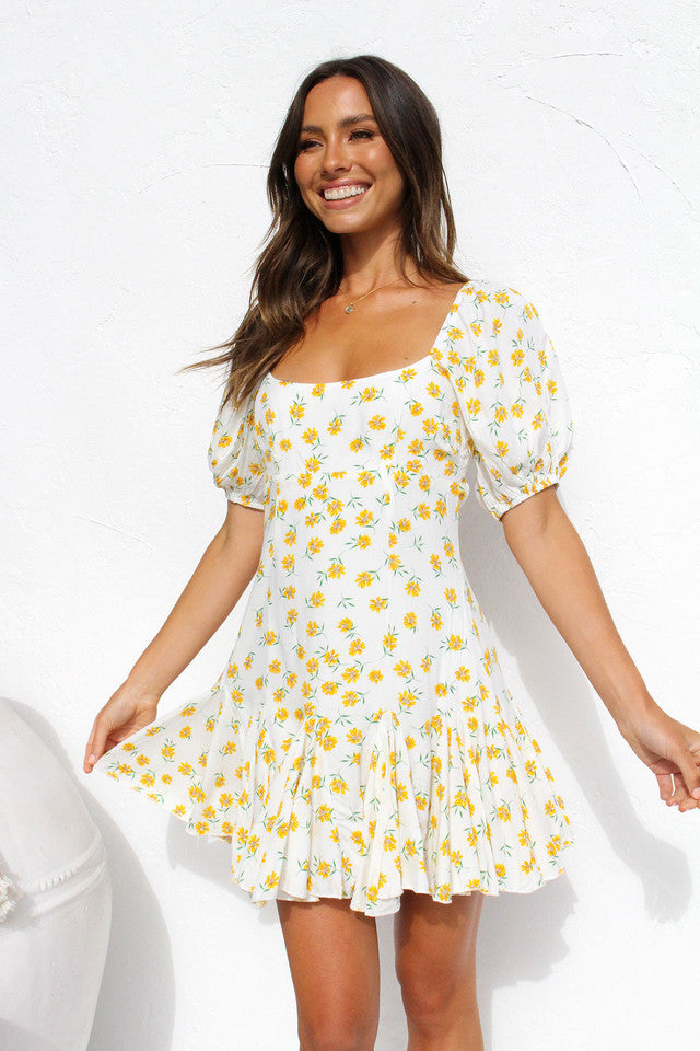Yellow Sunflower Print Mini Dress
