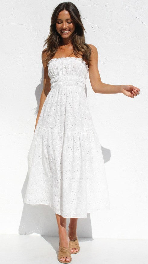 White Bandeau Strapless Midi Dress