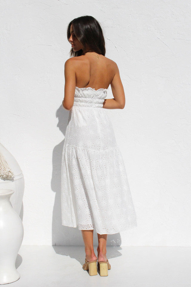 white bandeau dress midi Women's Tall White Woven Bandeau Ruched Skater Midaxi Dress