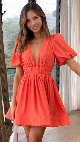 Orange Plunging V Neck Mini Dress