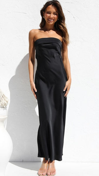 Black Bandeau Satin Midi Dress