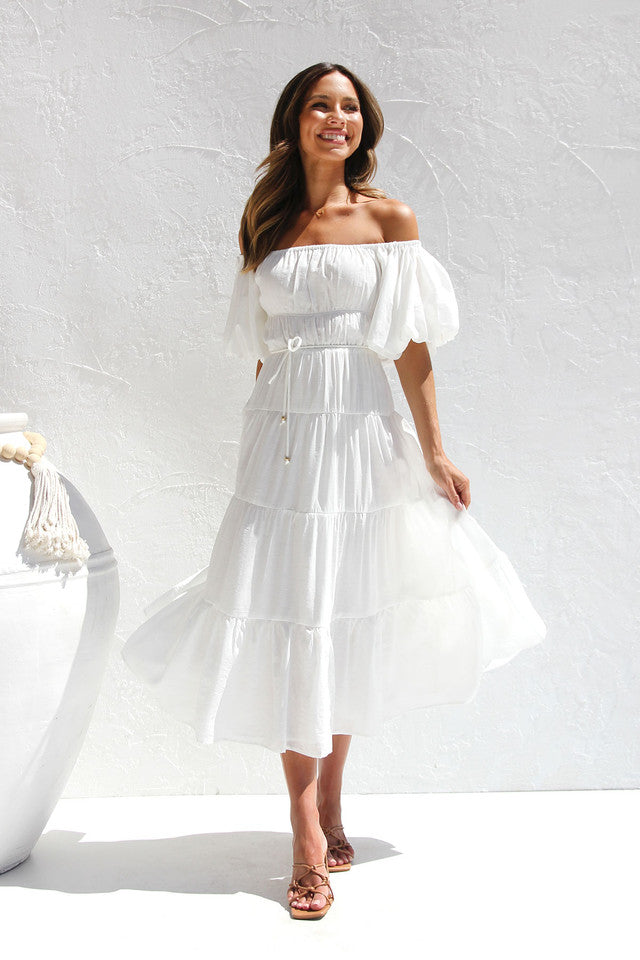 White Off The Shoulder Midi Dress