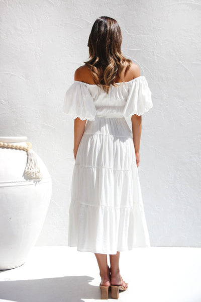 White Off Shoulder Midi Dress