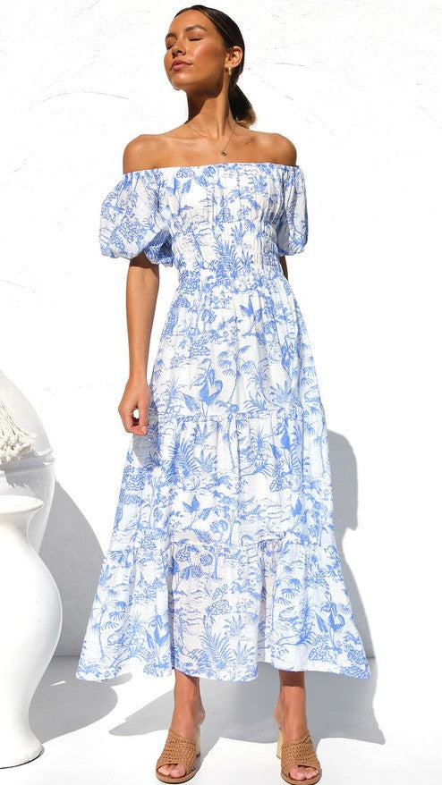Blue Floral Off Shoulder Midi Dress