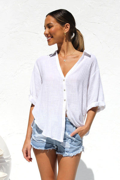 White Casual Button Down Top