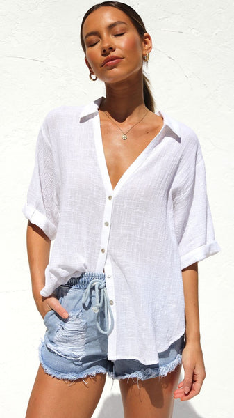 White Casual Button Down Top