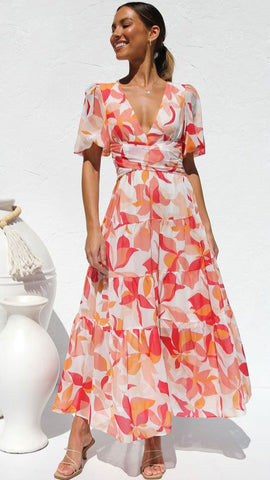 Orange Floral V Neckline Midi Dress